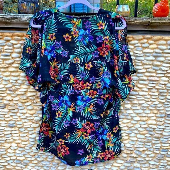 Miken Women's Tropical Printed Chiffon Dolman-Sleeve Dress Swim Cover-Up. XS EUC - Picture 4 of 7